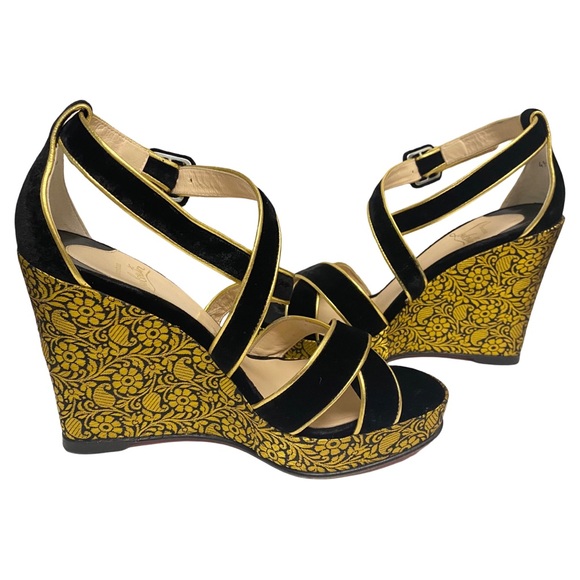 CHRISTIAN LOUBOUTIN Paris Black Velvet Gold Brocade Wedge Platform Shoe SZ 39 - Picture 6 of 10
